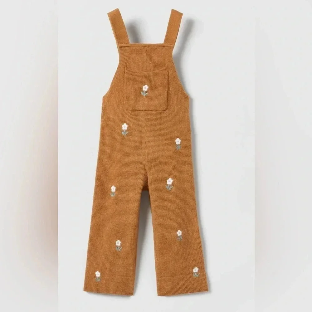 Zara Kids knit overalls embroidered boho toddler baby girl soft jumpsuit pocket